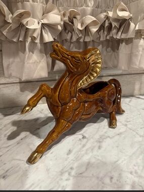 Brown Ceramic Prancing Horse Planter with Gold Accents